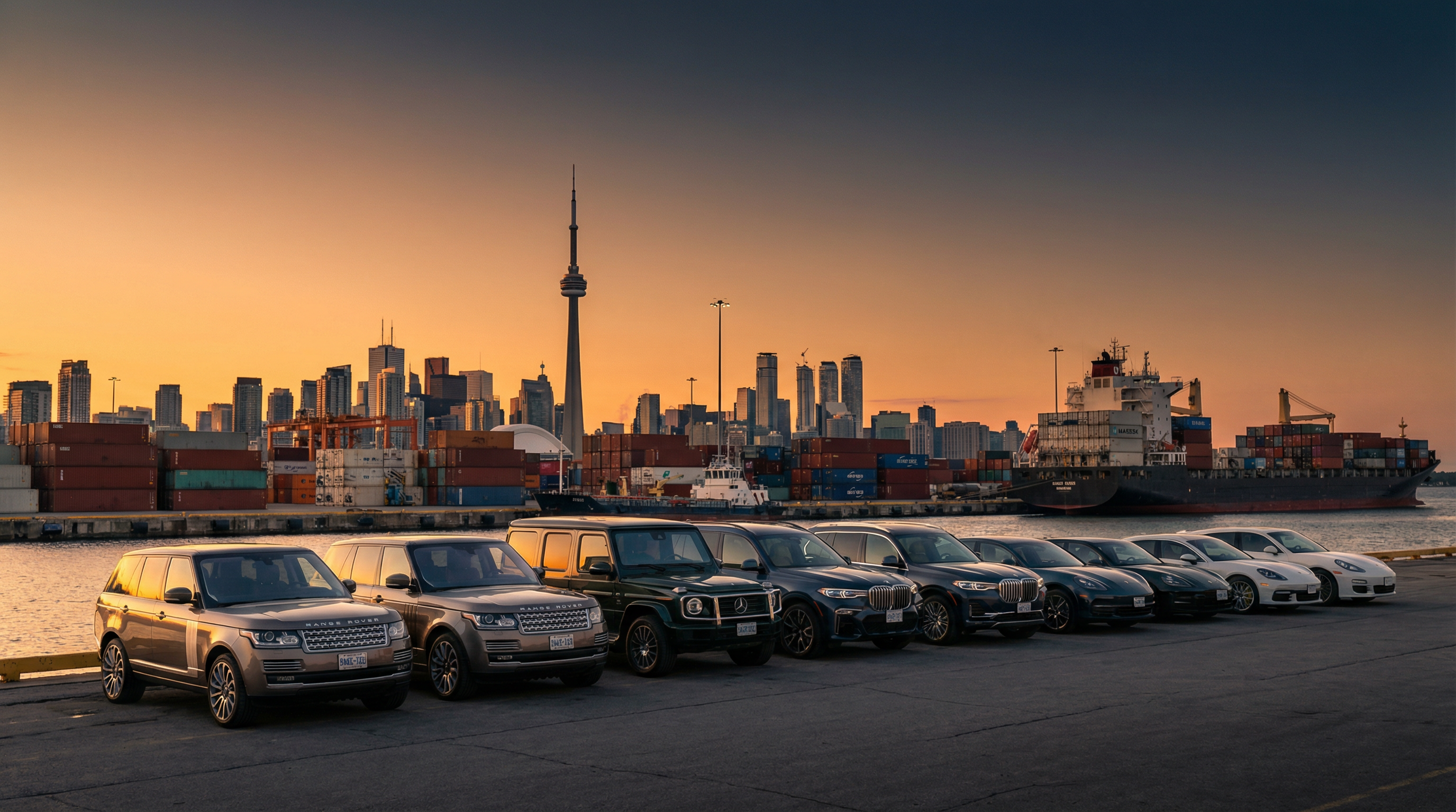 Premium Canadian vehicles lined up at a Toronto port at golden hour, ready for international export